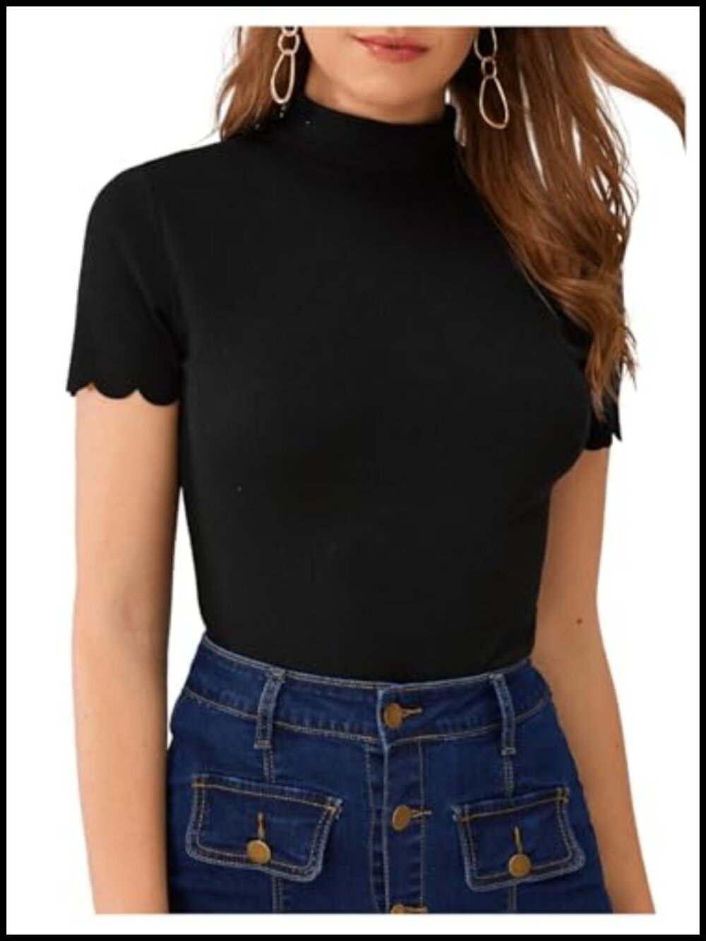 SweatyRocks Women's Mock Neck Ribbed Knit Scallop Short Sleeve T Shirt Tops